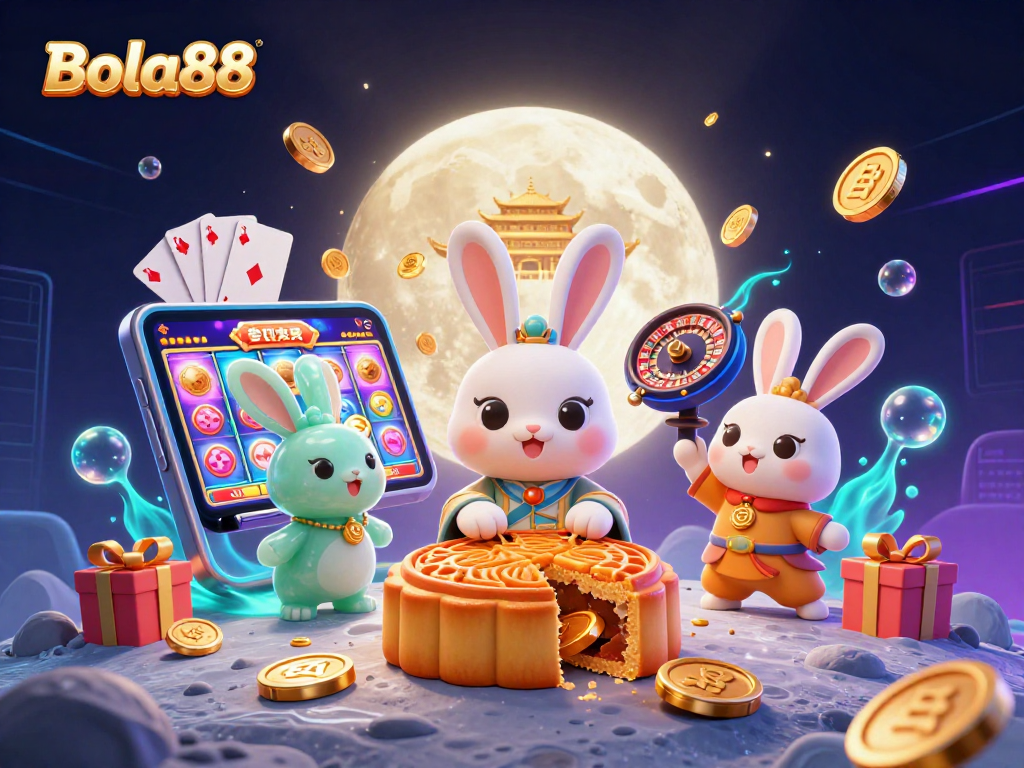 Bola88 menampilkan kelinci bulan memukul kue bulan emas yang terbuka dan mengungkapkan chip poker di latar belakang kasino.