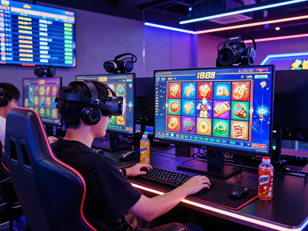 Player immersed in slot88 online gaming with vibrant graphics and tech elements