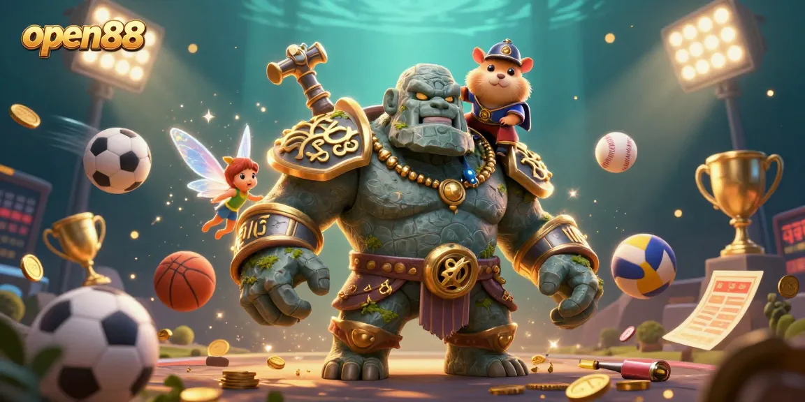 Experience exciting gameplay at open88 with a vibrant scene featuring a stone golem guardian, a magical fairy, and a brave hamster knight.