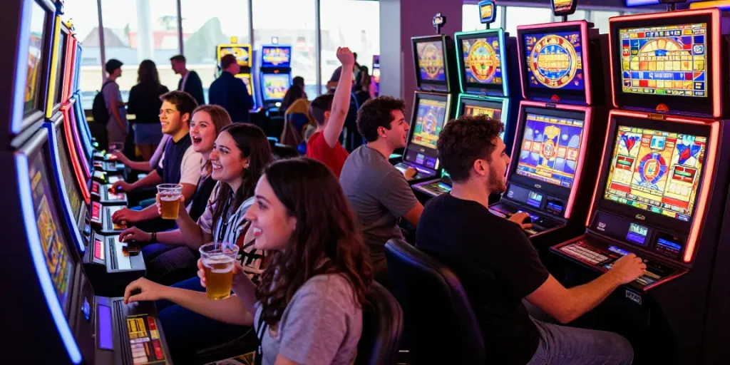 A vibrant casino scene showcasing friends enjoying slot machines, capturing the excitement of gaming.