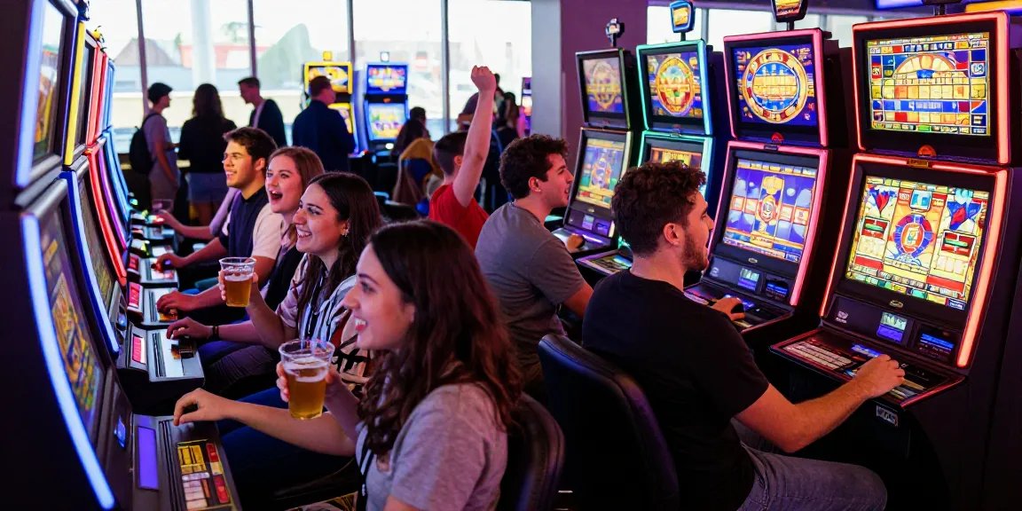 A vibrant casino scene showcasing friends enjoying slot machines, capturing the excitement of gaming.