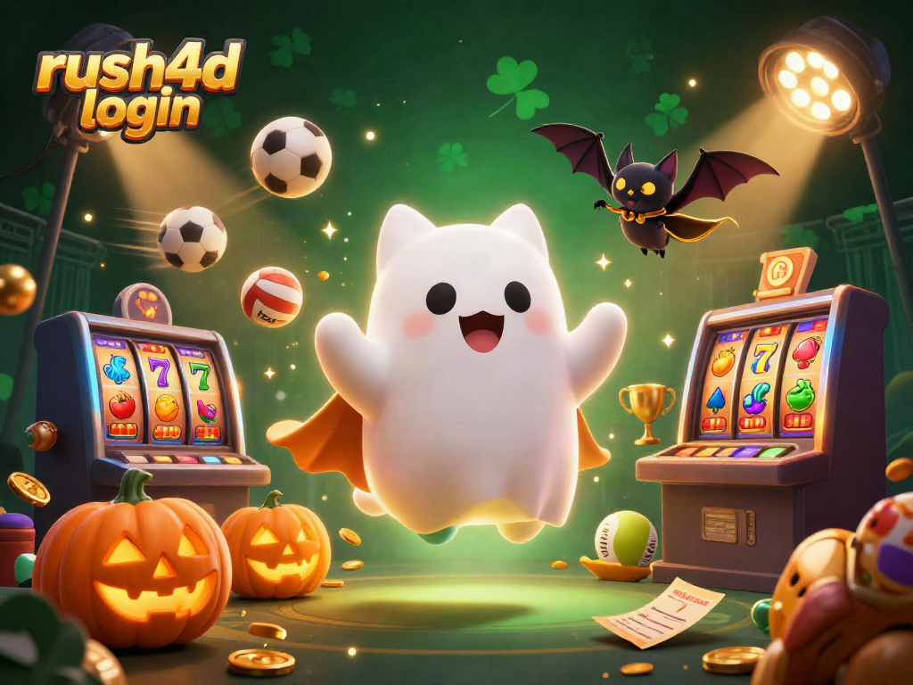 Login rush4d dengan kucing hantu 3D dan elemen kasino yang menyala.