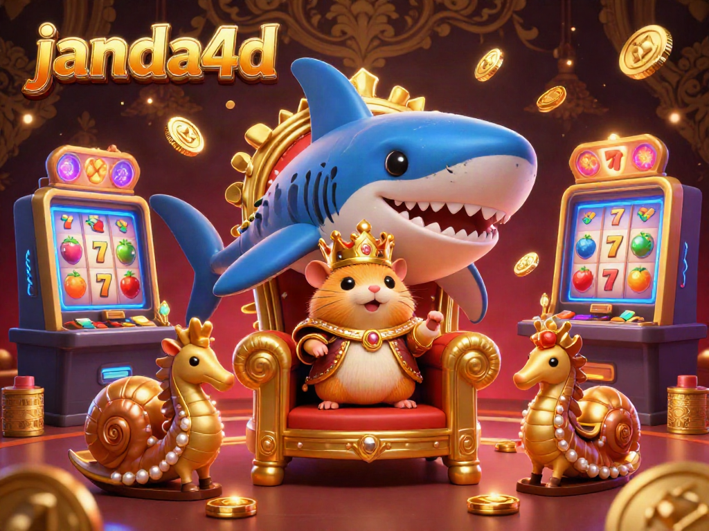 Gamer beraksi di slots janda4d dengan karakter unik, simbol beruntung, dan mesin slot berkilau.