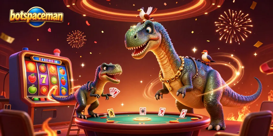 Win big with bot spaceman as a giant dinosaur oversees a vibrant casino scene filled with slot games and celebration.