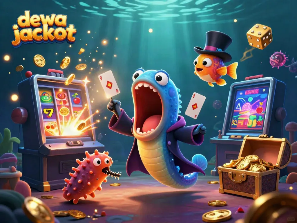 Menangkan dewa jackpot dengan ilustrasi kasino yang menampilkan hiburan unik seperti hiu angler dan belut.