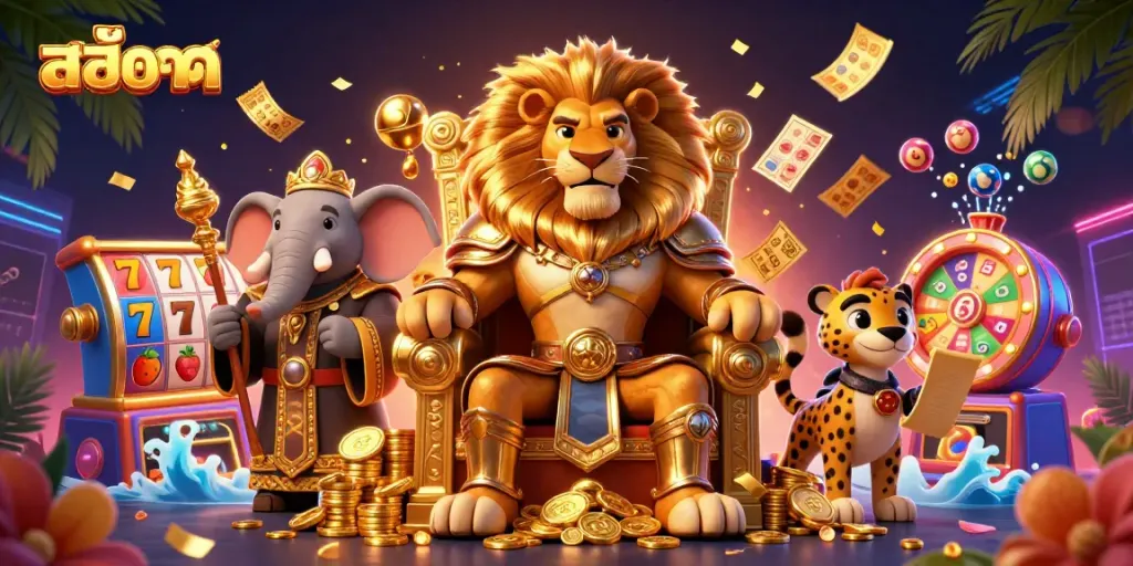 Experience the thrill of สล็อต with a vibrant scene featuring a lion king, elephant advisor, and cheetah messenger in a casino atmosphere.