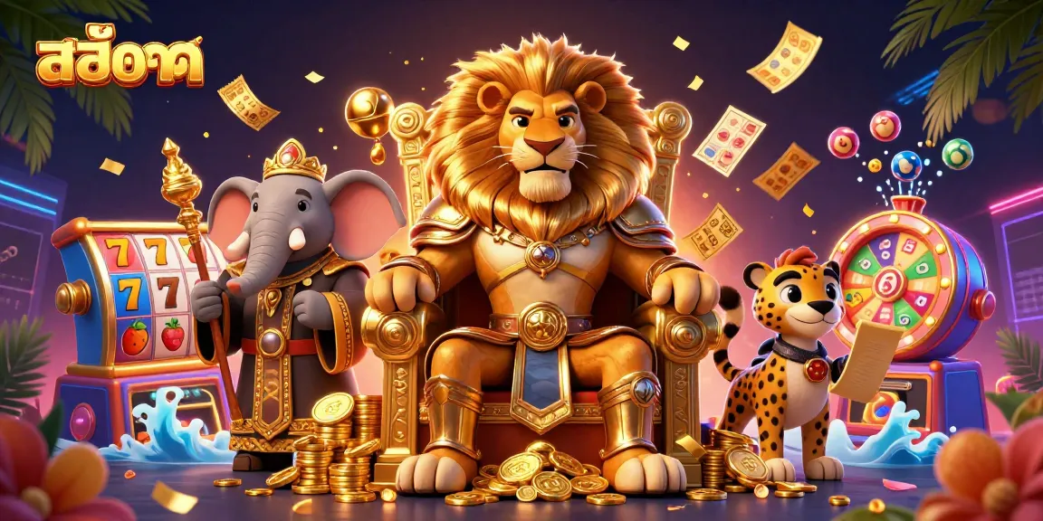 Experience the thrill of สล็อต with a vibrant scene featuring a lion king, elephant advisor, and cheetah messenger in a casino atmosphere.