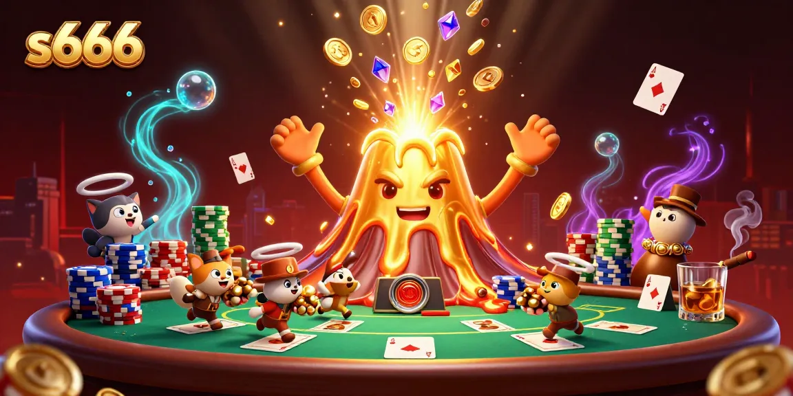 Experience thrilling gaming at s666 with vibrant characters, poker elements, and a golden volcano backdrop.