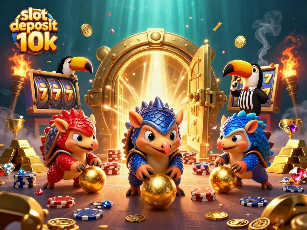 Engage with the excitement of slot deposit 10k as rival pangolins enjoy a vibrant casino scene filled with treasures and action.