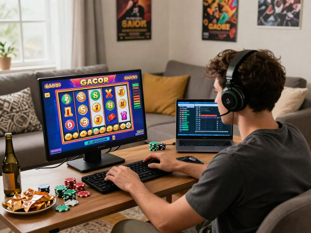 Player enjoying slot gacor gaming on a vibrant device with colorful symbols, creating an engaging atmosphere.
