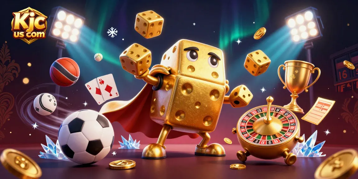 Experience excitement at Kjc us com with vibrant 3D casino elements showcasing golden dice and sports balls.
