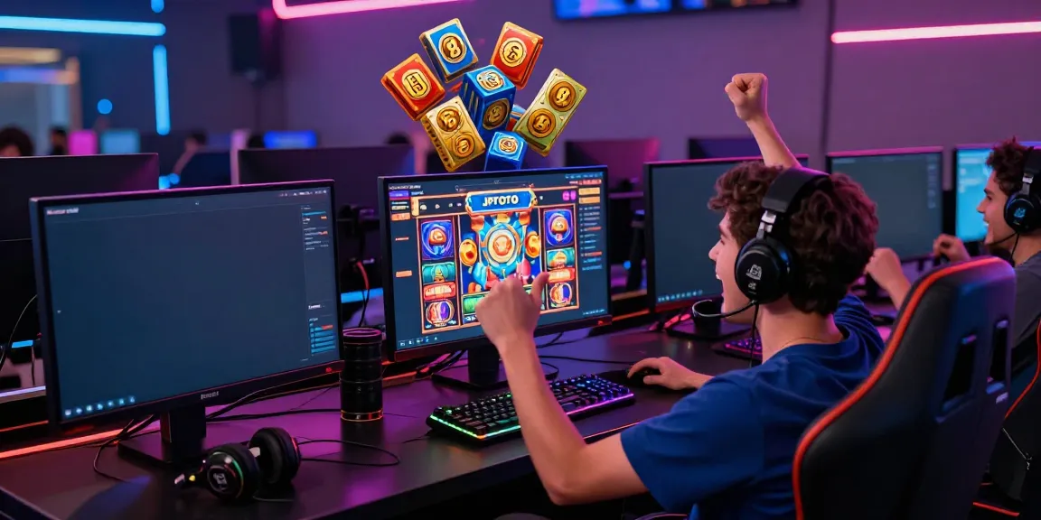 Permainan slot online JPTOTO terlihat saat pemain merayakan kemenangan besar dengan aksesori gaming yang mengelilinginya.