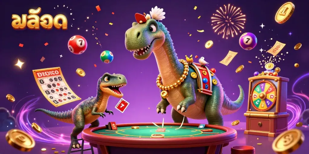 Experience thrilling สล็อต gameplay with a giant brontosaurus dealing cards in a vibrant casino scene.