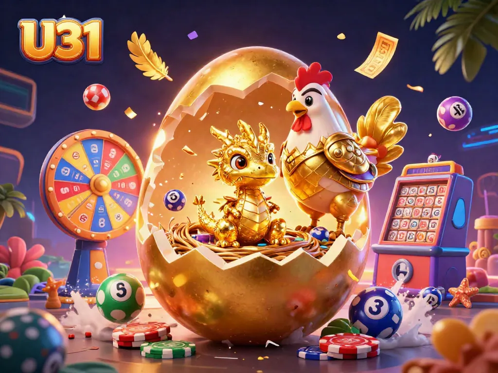 Experience U31's dynamic gaming world with a golden dragon amidst vibrant casino elements.