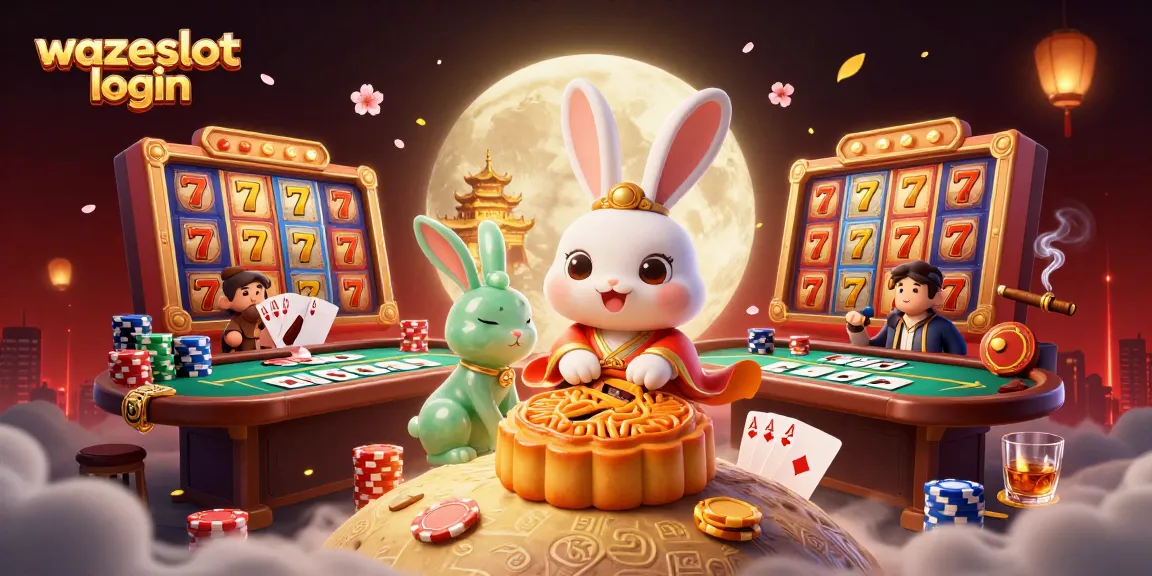 wazeslot login offers a vibrant casino scene with a moon rabbit revealing poker chips and slot reels.