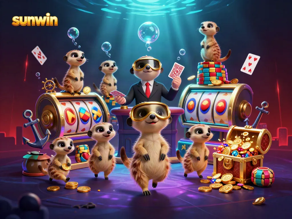 Players at sunwin enjoy a vibrant casino atmosphere with meerkat dealers and slot action.
