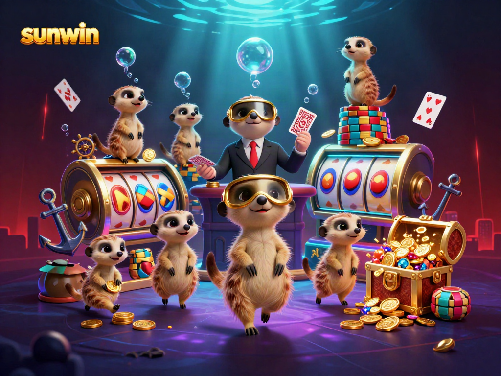 Players at sunwin enjoy a vibrant casino atmosphere with meerkat dealers and slot action.