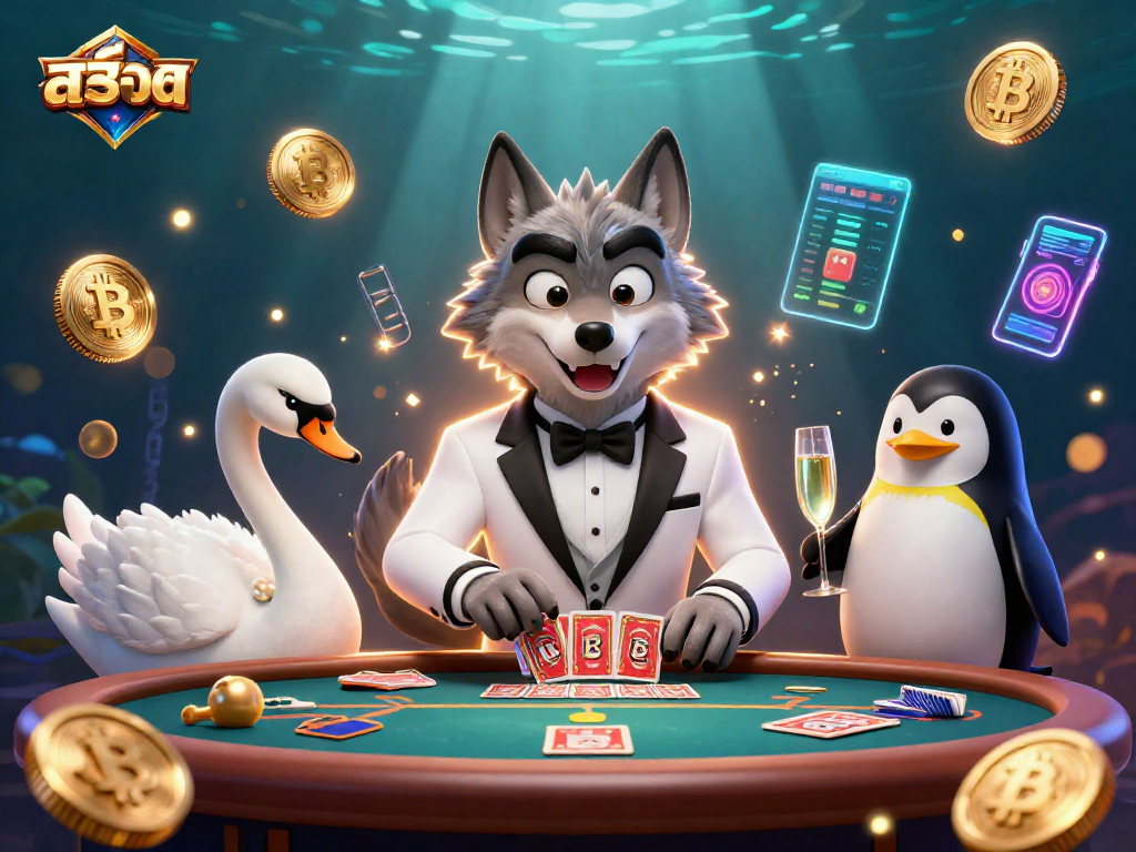 Play สล็อต with dynamic graphics showing a 3D wolf at a baccarat table amidst vibrant casino elements.