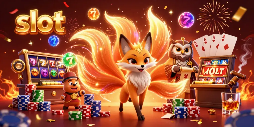 Slot berbagai simbol dan jackpot dipenuhi dengan warna-warni berkilau dikelilingi roh dan simbol keberuntungan.