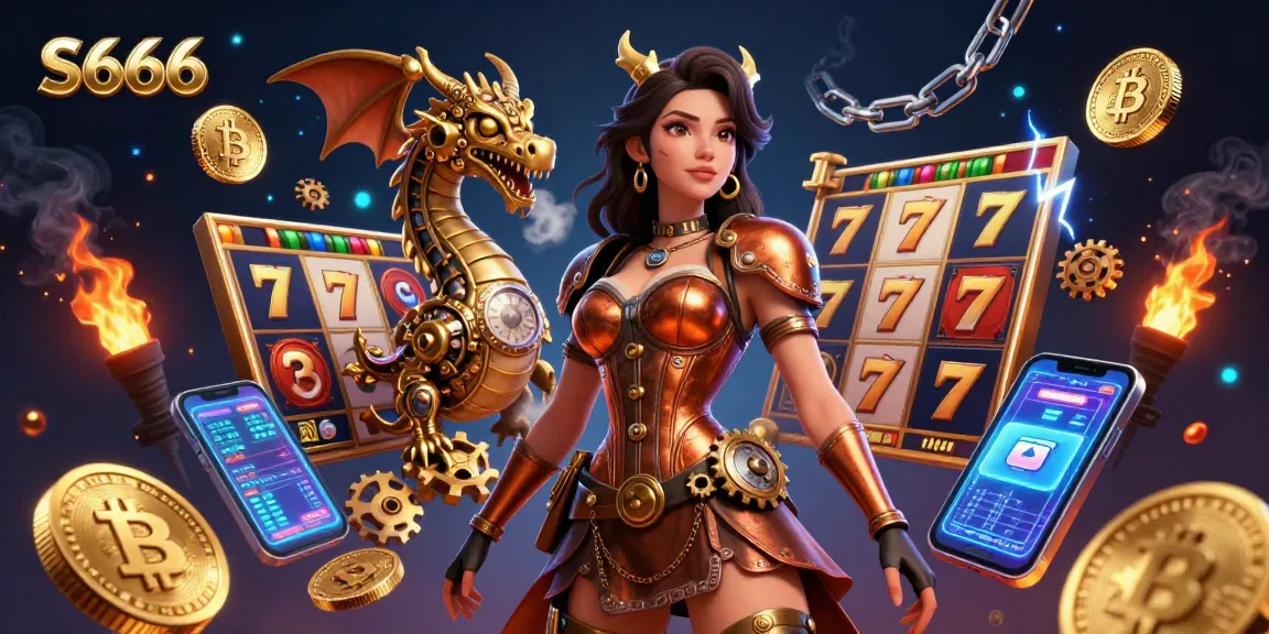 S666 inspires players with vibrant slot reels and cryptocurrency elements in an immersive gaming illustration.