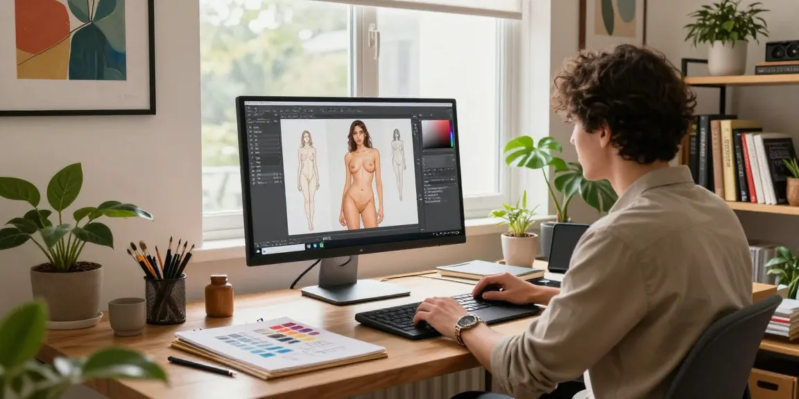 Professional creating NSFW AI images in a vibrant workspace, showcasing artistic tools and natural light.