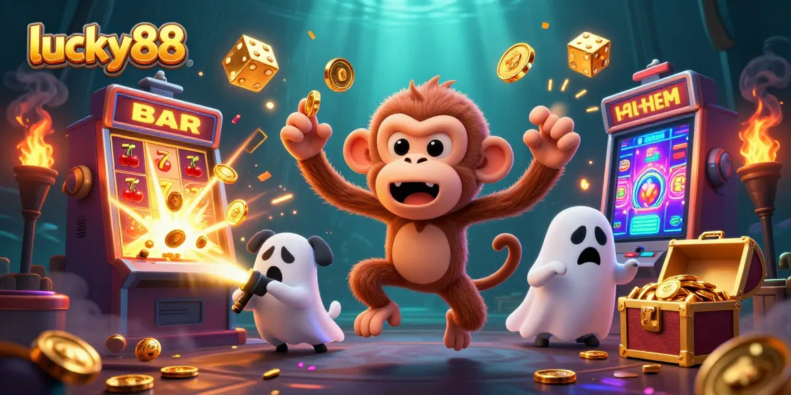 Engage with lucky88's thrilling jackpot action featuring a playful poltergeist monkey and a curious puppy.