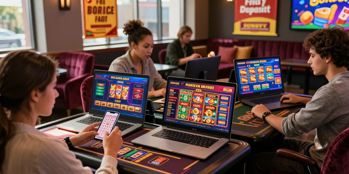 Players enjoying online gaming with Free No Deposit Bonus promotions in vibrant setting.