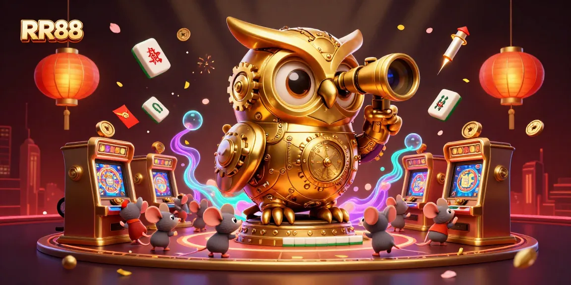 Experience excitement at RR88 with a whimsical scene of a golden clockwork owl and animated slot machines.