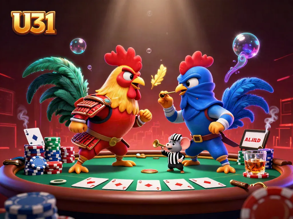 U31 captivating roosters face off at an intense poker showdown amidst vibrant casino elements