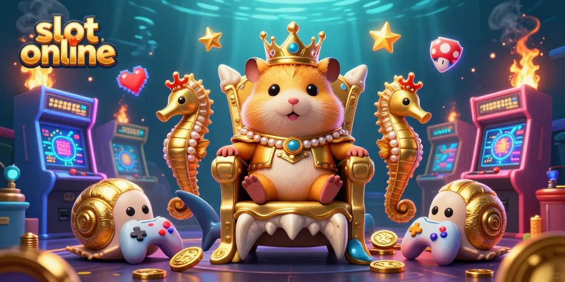 Menangkan slot online sambil bermain dengan hamster raja emas di singgasana gigi hiu, dikelilingi oleh mesin permainan dan koin emas.
