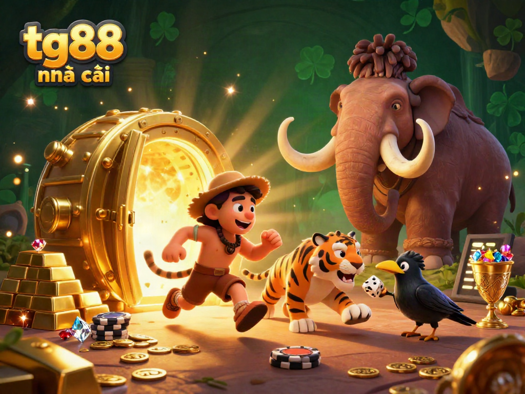 Experience tg88 nhà cái vibrant 3D gaming scene with caveman, tiger, and treasures in a prehistoric casino.