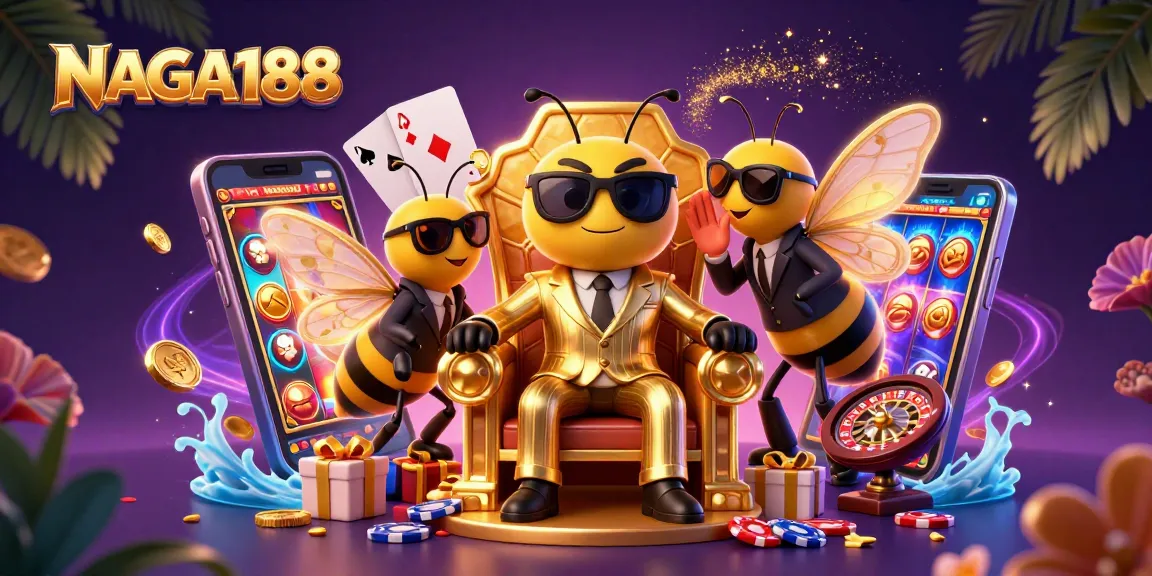 NAGA188 menampilkan bos lebah kartun 3D dengan permainan slot yang berkilauan dan elemen kasino.