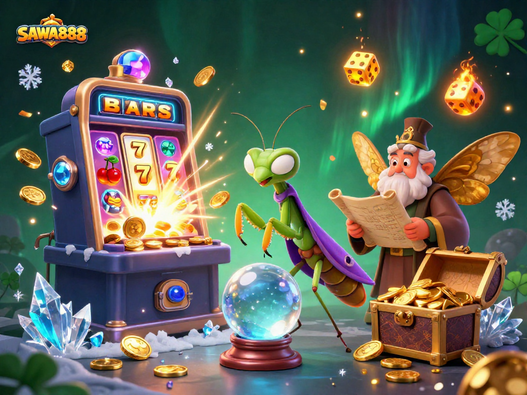 Experience the magic of SAWA888 with a vibrant 3D scene showcasing engaging slot games and mystical fortune tellers.