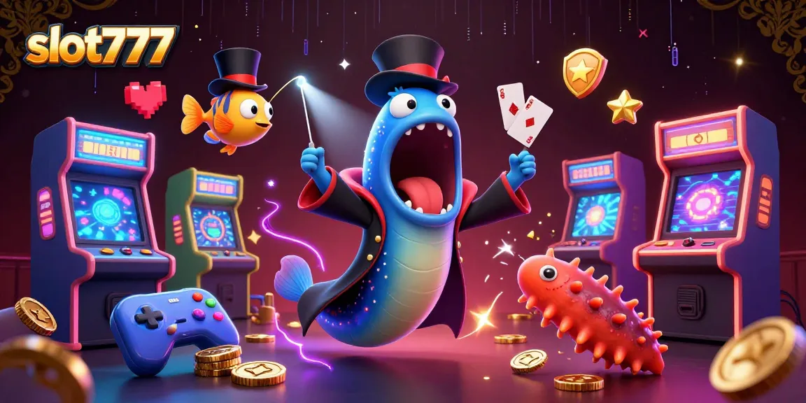 Slot777 mempersembahkan gulper eel yang menampilkan trik sulap dengan elemen kasino di latar belakang.