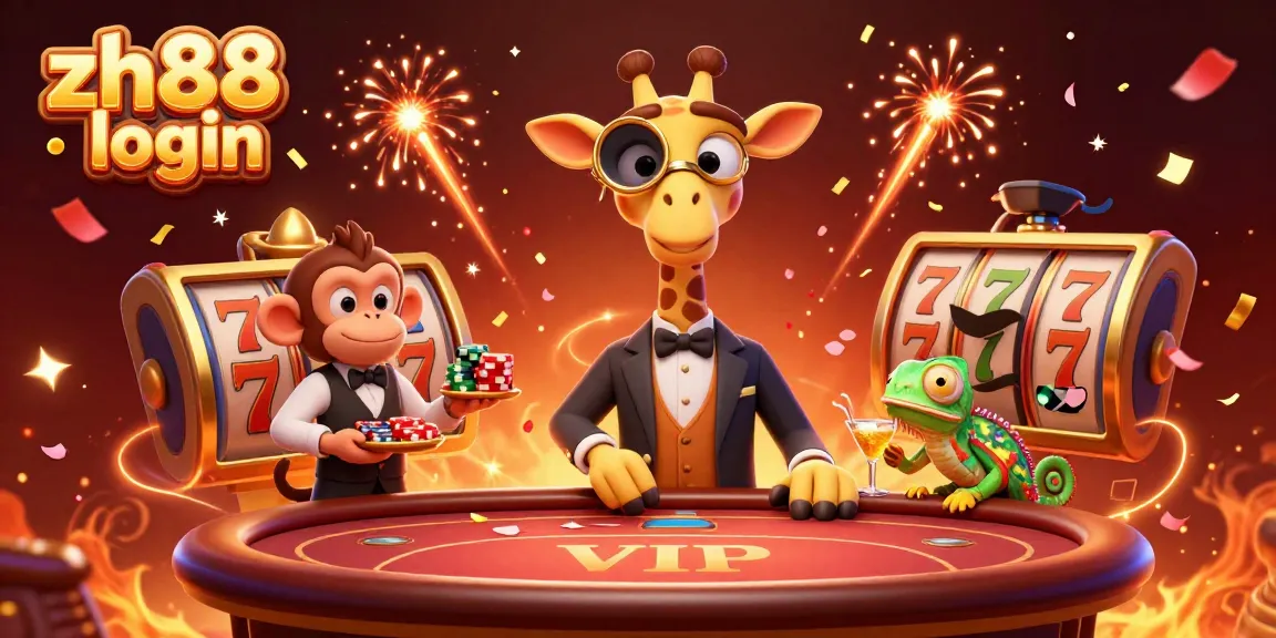 Engage with the vibrant ZH88 login scene featuring a cartoon giraffe and casino elements