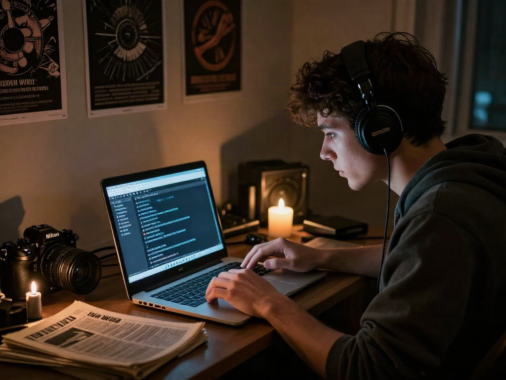 Individual exploring hidden wiki dark web on laptop, surrounded by mysterious elements in a dimly lit room.