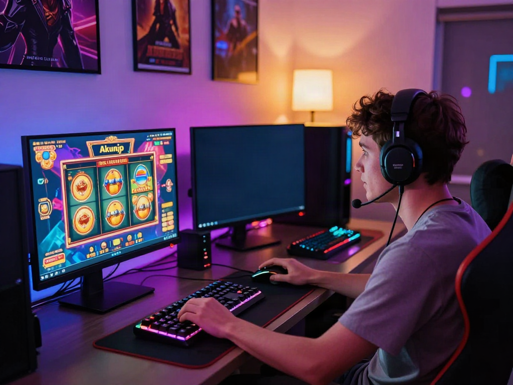 A dynamic online gaming setup featuring "Akunjp" slot game on screen, with an enthusiastic player at the desk.