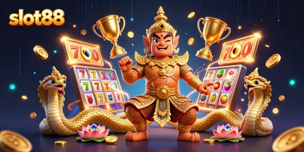 Permainan slot88 dengan penjaga kuil Thai yang ramah dan naga, dikelilingi simbol keberuntungan.