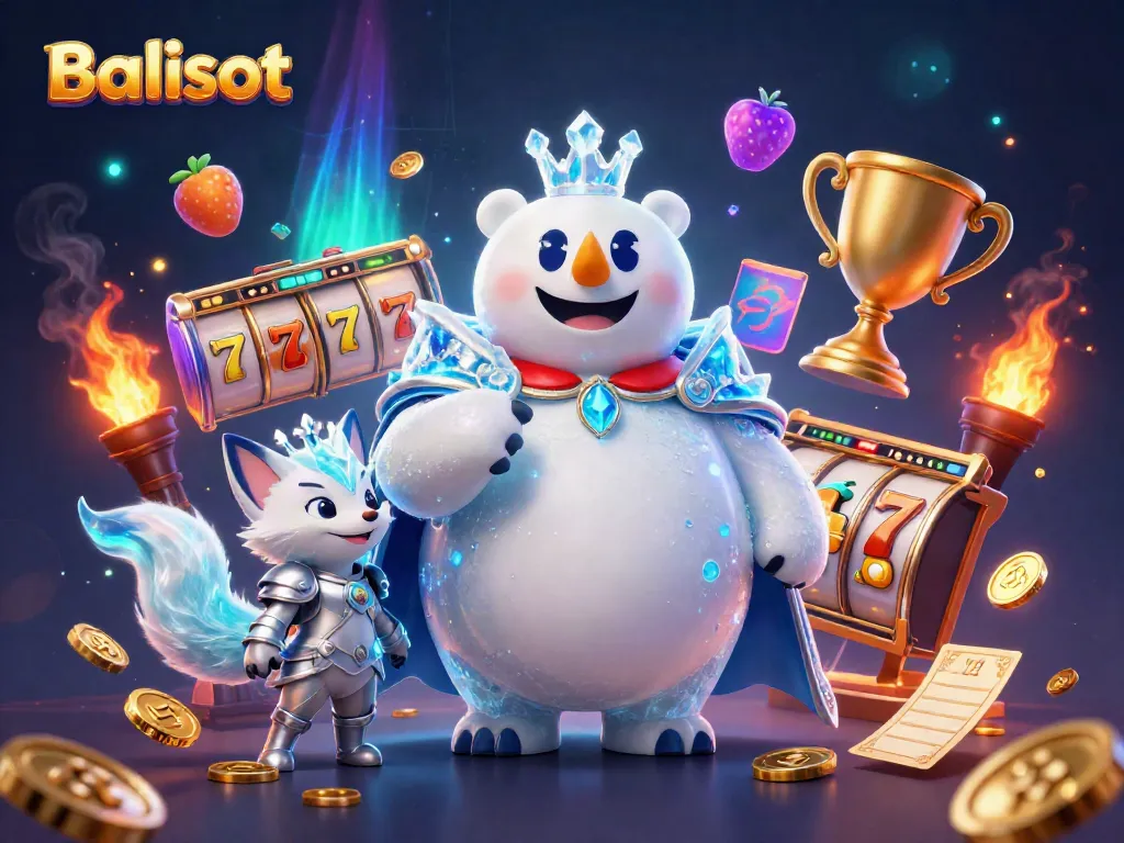 Balislot polar bear and fox surrounded by jackpots and 3D slot elements creating an engaging casino atmosphere