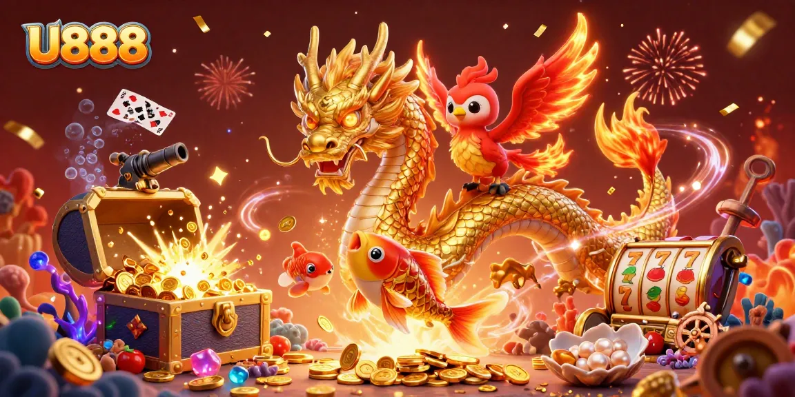 Join the excitement with U888's vibrant scene of slots, dragons, and treasures!
