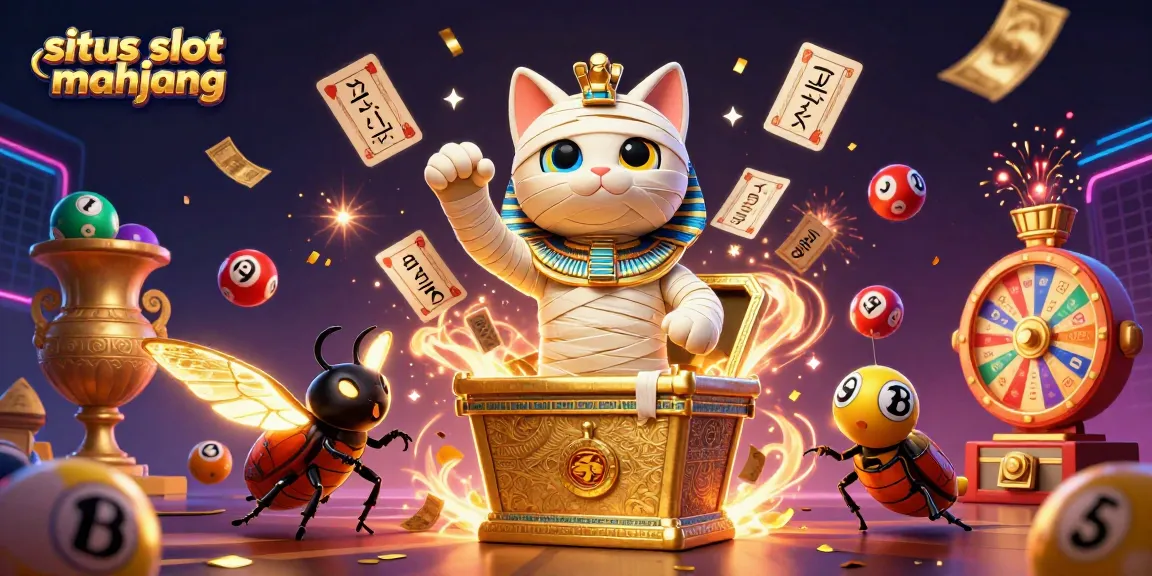Engage with situs slot mahjong in a vibrant 3D casino scene featuring unique characters and elements.