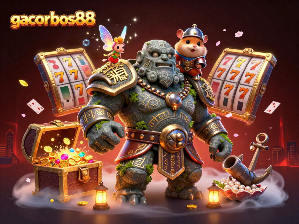 Experience the magic of gacorbos88 as the golem guardian and fairy cast spells in an enchanting casino scene.