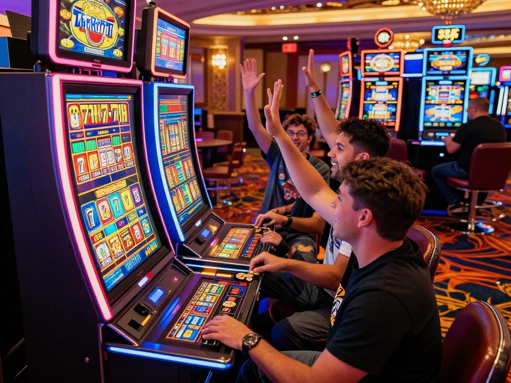 Lucky777 slot machine celebration with players in neon-lit casino.