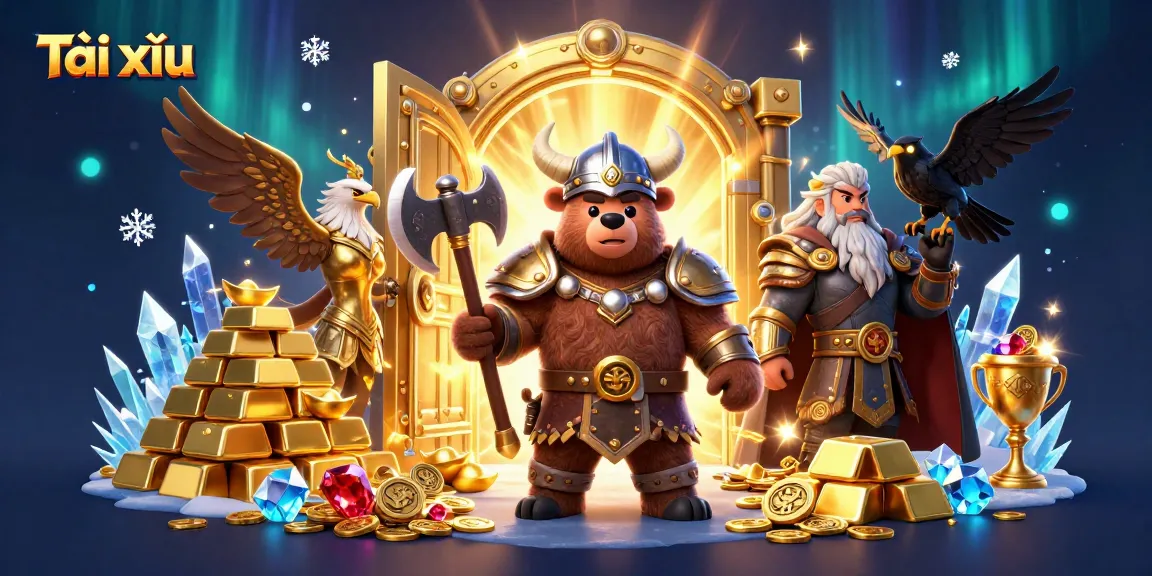 Watch the Tài xỉu Viking bear and Valkyrie eagle winning riches in a dazzling casino scene.