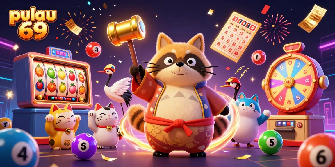 Pulau 69 games feature a joyful tanuki using a lucky mallet amidst vibrant casino elements.