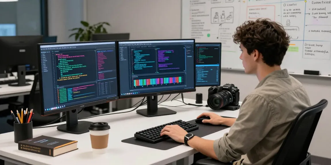 A software engineer optimizing large language models in a modern office, showcasing multiple monitors and tech gadgets.
