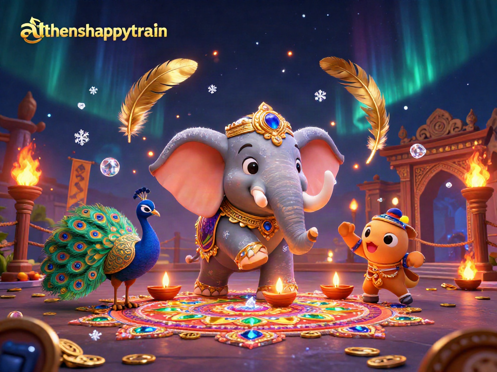 Experience the thrill of athenshappytrain with a vibrant 3D illustration of a Diwali-themed elephant surrounded by dynamic casino elements.
