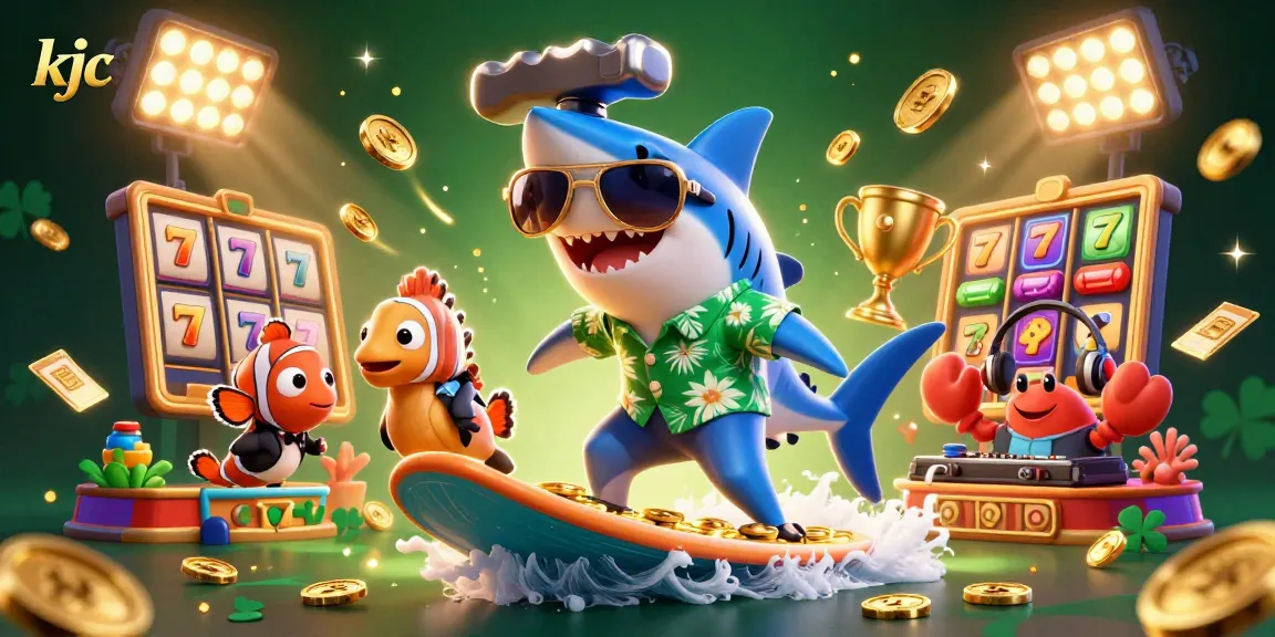 KJC players enjoy a thrilling jackpot experience with a colorful 3D casino illustration featuring a surfing shark and dynamic gaming elements.