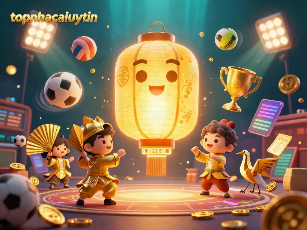 Immerse in topnhacaiuytin's gaming spirit with a vibrant casino scene featuring lucky symbols and dynamic sports elements.