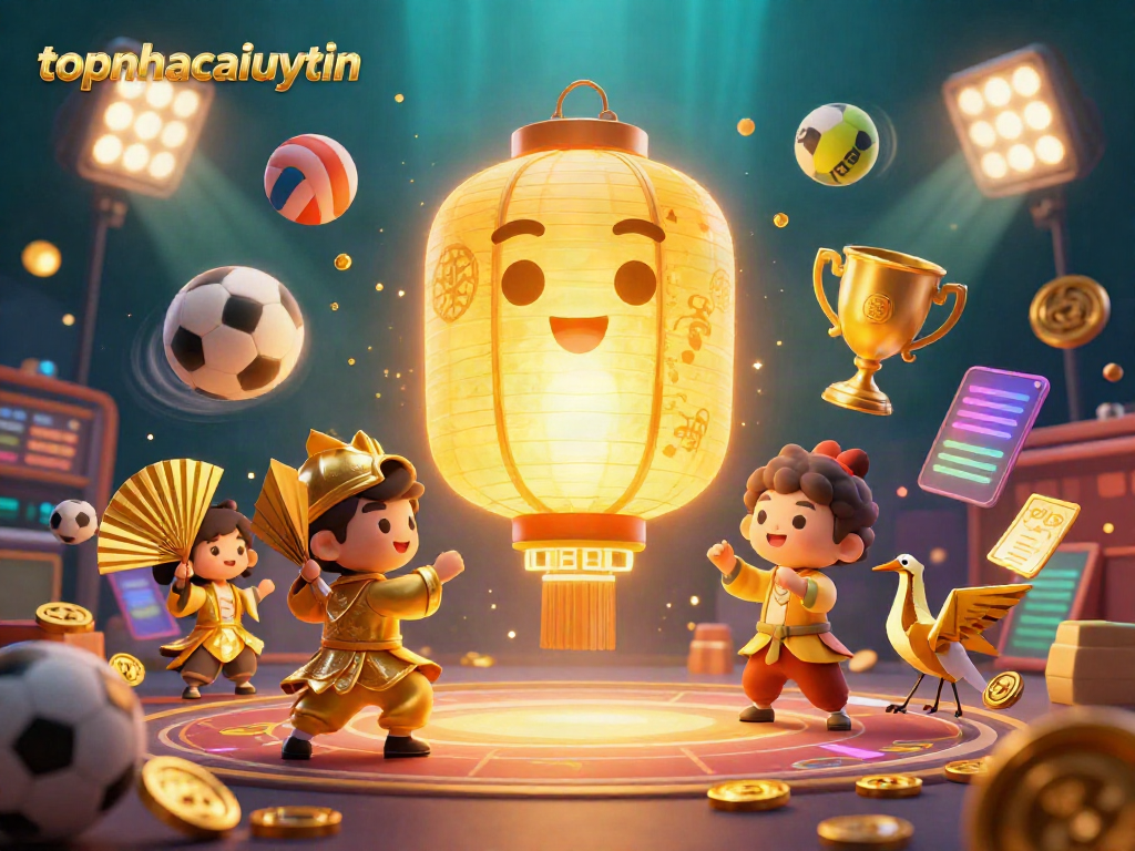 Immerse in topnhacaiuytin's gaming spirit with a vibrant casino scene featuring lucky symbols and dynamic sports elements.